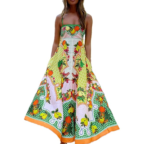 Miolasay Dames Boho Cami Maxi Jurk Zomer Leuke Print Vloeiende A-lijn Party Lange Jurk Spaghetti Band A-lijn Zonnejurk, A-geel, M