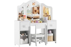 MAMIZO Coiffeuse pour Enfants 2 en 1, Coiffeuse en Bois avec Miroir et Tabouret, Ensemble de Bureau Enfant Fille, avec 2PCS Boîte de Rangement, 108x30x114 cm, Bureau pour Enfants, Blanc