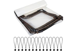 Luabue 2M X 5M Clear Tarpaulin Waterproof Heavy Duty Large Transparent Tarpaulin Sheet with Eyelets Plastic Tarp Cover with 14Pcs Bungees Ball Cord for Greenhouse Garden Outdoor Furniture Chicken Shed