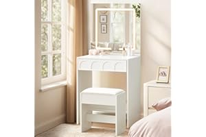 LEMROE Dressing Table with Rectangular LED Mirror and Stool, Compact Small Vanity Table Set with Vacuum-Formed Drawer for Small Spaces, White Makeup Desk for Bedroom, Modern (White - Square Mirror)