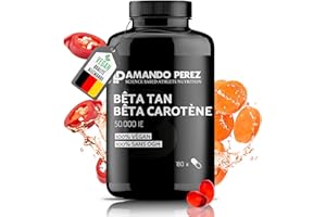 Amando Perez Beta Tan+ Bêta Carotène 50 000 UI - 180 Gélules Haute Absorption - Vegan et à Dose Élevée - Bêta Carotène extrait de l'Algue D. Salina, Précurseur de la Vitamine A - Testé en Laboratoire