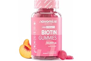 Biotine 10,000 mcg – 2 Mois d'Approvisionnement – Gummies Pousse Cheveux – Végétaliens & Sans Gluten Gummies – Biotine - Anti Chute de Cheveux Femme - Novomins