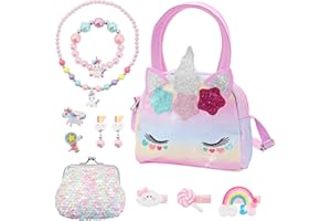 LONTOM Unicorn Handbag with Jewellery Sets for Girls, Unicorn Bag Bracelet Necklace Rings Earrings, Unicorn Gifts for Girls at Christmas, Princess Dress up Accessories for Kids 3 4 5 6 7 8 Year Old