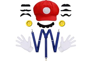 iZoeL Mario/Luigi Bros Chapeau Costume Mario Villain Bros Deguisement Halloween Accessoires Gants Mustaches - Costume Halloween/Carnaval/Cosplay pour Enfant Homme Femme