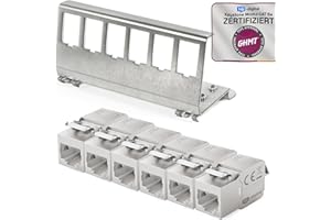 hb-digital 6X CAT 6a Keystone Modul RJ45 Buchse STP 10 Gbit/s - werkzeuglos LSA - mit 1x 6-Port 35mm DIN Rail Metall Hutschienenadapter Keystone Halterung Ethernet LAN Netzwerk Switch