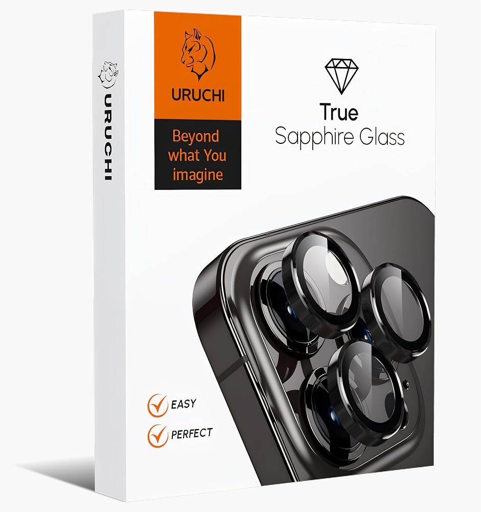 URUCHI Kamera Lens Koruyucu, Safir Cam, Alüminyum Alaşım Çerçeve, Kolay Kurulum, HD Kalite, Güçlü Yapışma, Çubuk Sökme Aparatlı (Siyah, IP 17 Pro/Pro Max /16 Pro/Pro Max/15 Pro/Pro Max)