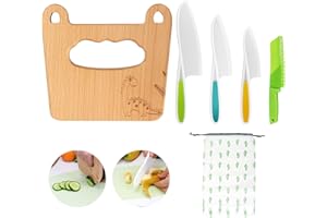 Goodchef Set de 5 couteaux de cuisine pour enfant - Pour couper et cuisiner des fruits ou légumes - Avec couteau en bois sûr pour les enfants à partir de 2 ans (dinosaure, feuille)