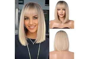 OUFEI Ombre Blonde Bob Wig With Bangs Short Straight Wig For Women Synthetic Hair Wigs for Daily Party Cosplay Wear