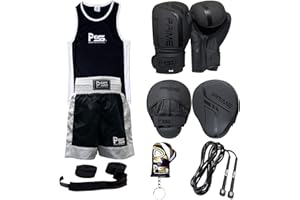 PSS Ensemble Boxe Enfants 3-14 Ans 6 Pièces Short & Débardeur + Gants Boxe Enfants (4Oz ou 6Oz) + 2 Pattes d’Ours + Accessoires, Noir, Ensemble Boxe Enfant Muay Thai Kickboxing Boxe Anglaise