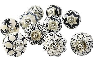 Ajuny Set da 20 Pomelli in Ceramica Bianco e Nero – Dipinti a Mano, Zucca e Rotondi – Maniglie Decorative per Mobili di Cucina e Bagno, Ante e Cassetti – Stile Vintage, Viti Incluse