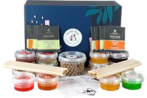 Tropical Treasures - Fruit Bubble Tea Kit | 8 Different Fruit Tea Flavours, 8 - Boba & Jelly, Tapioca pearls bubble tea (Serves 8) | Green tea and Assam bags | 2 - Recipe cards by Boba Bar London.