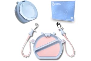 AGS NORMANT Plato Bebe - Plato con Ventosa Bebe - Vajilla Bebe - Cubiertos Bebe - Plato de Bebe Antideslizante - Vajilla Infantil de Silicona - Sin BPA - 5 Piezas