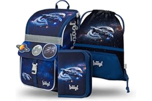 Baagl Schulranzen Mädchen Set 3 Teilig (Zippy Schultasche für 1. Klasse, Mäppchen, Turnbeutel), Grundschule Ranzen Tornister mit Brustgurt, Ergonomischer Schulrucksack, 18 l (Space Ship)