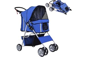 PawHut Cochecito Plegable Mascotas Carrito para Perros Gatos con Cuatro Ruedas Cesta de Almacenaje Ventanas y Portavasos Tela Oxford Marco de Acero 75x45x97 cm Azul