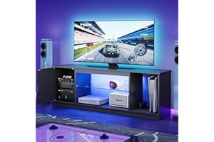 Bestier Mobile TV basso per TV da 65 pollici e piccoli televisori, 145 x 35 x 52 cm, con luci LED RGB & ripiani in vetro regolabili per soggiorno, camera da letto