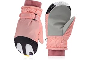 Mayoii Kids Winter Ski Mittens, Waterproof & Windproof Snow Gloves with Warm Fleece Lining, Anti-slip PU Palm & Anti-Lost Rope, Cute Penguin Skiing Mittens for Girls Boys Ages 2-7