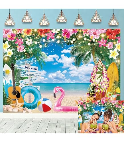Toile De Fond Photo Thème Plage Hawaïenne 2,1x1,5 M - Surf, Palmiers, Océan - Décoration Fête, Mariage, Anniversaire