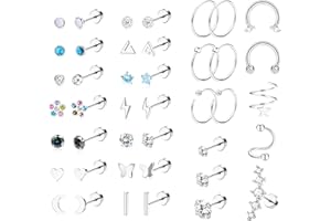 JeryWe 42Pcs 20G Orecchini in Acciaio Inox per le Donne Ragazze Luna Stella Piccoli Bottone Vite Posteriore Piatta Orecchini Cerchio Orecchini Rotondo