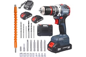 QIUMIN Trapano Avvitatore Batteria 21V, Brushless Avvitatore a Batteria con 2 Batterie da 2.0Ah, 55N.m di Coppia, 2 Velocità, 35+3 Coppia, 24 Accessori, Luce a LED, Per il fai da te, in Casa e Giardino