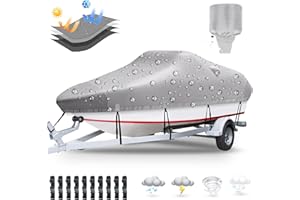 Plscoverit Trailerable Boat Cover, 20'-22' Heavy Duty 1200D Polyester Canvas Boat covers, UV Resistant Waterproof Bass Boat Covers with Motor Cover, Fits V-Hull Tri-Hull Boat, Runabout,Fish & Ski Boat