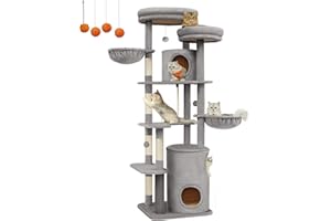 Feandrea drapak duży, XXL, 196 cm wysokości, wielopoziomowy drapak dla kota z 2 platformami, 3 jaskiniami, 2 leżankami, 5 drapakami, 4 pluszowymi piłeczkami, szczotką dla kota, jasnoszary PCT153W01
