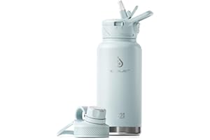 IDEUS Insulated Water Bottle with Straw 32 oz (950 ml), with 3 Leak-Proof Wide Mouth Lids Stainless Steel Water Bottles, Keeps Hot & Cold, Great for Hiking & Biking, Light Blue