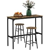 HOMCOM Kitchen High Table Set with 2 Stools Rustic Brown | Bar Table with Stools Space Saving Steel Frame Industrial Style Hi
