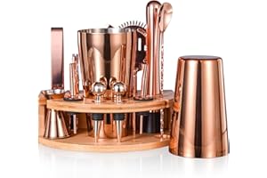 Quilamix 12-teiliges Cocktail Shaker Set mit Bambusständer, 600ml/750ml Edelstahl-Barkeeper-Set für Mixgetränke, Geschenk für Freunde, Männer, Frauen, mit Rezeptheft (Roségold-Titanbeschichtet)