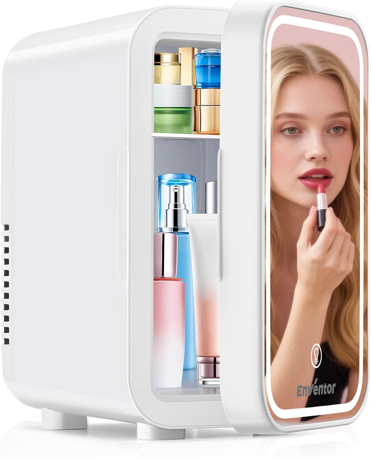 Enventor Mini Fridge 6L/ 8 Can, Skincare Fridge With Dimmable LED Light Mirror, AC+12V DC Power Cooler & Warmer for Bedrooms, Home, Car/Cosmetics, Skin Care and Food, White
