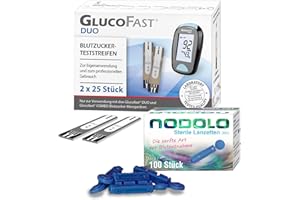 TAIDOC GLUCOFAST Duo 50x Blutzucker-Teststreifen + 100x Nodolo Lanzetten | Präzise Diabeteskontrolle | Verwendung mit Glucofast Duo Blutzucker-Messsystem
