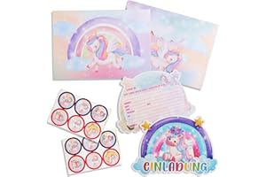 Foesihep 12PCS Einhorn Einladungskarten Kindergeburtstag, Einladungskarten Kindergeburtstag Mädchen, Einhorn Umschläge und Aufkleber, Partyeinladungen Einladungskarten Geburtstag