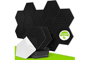 LAQULA Paneles Acústicos Hexagonales Autoadhesivos 12 piezas Absorbentes de sonido de alta densidad para techos, puertas y tratamiento acústico, estudios de grabación, oficina(35x30.5x0.9cm, Negro)