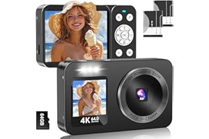 SYNDESMOS Digital Camera 4K 64MP with 64G SD Card, Front and Rear Dual Screens, 18X Digital Zoom Mini Compact Portable Vlogging Camera, 2 Batteries, for Kids Teen Students Girl Boy Beginner (Black)