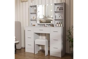 UMEIGA Dressing Table with Mirror and Adjustable LED Lights, 39.5" W Large Vanity Desk with 7 Large Drawers, 4 Open Shelves and Stool, Bedroom Vanity Set with Hidden Storage Shelves, White 100x140x40 cm