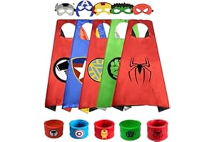 DWTECH 5 PCS Capas de Superhéroe para Niños - 5 Capa y 5 Máscaras 5 Pulsera de Silicona - Ideas Kit de Valor de Cosplay de Diseño de Fiesta de Cumpleaños de Navidad - Juguetes para Niños y Niñas Capes