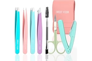 SWEET VIEW 7pcs Eyebrow Tweezers Kit for Women Precision Plucker with Brow Scissors & Razor & Spoolie for Facial, Chin, Brow, Splinter and Ingrown Hair