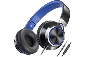 Ailihen C8 Headphones Wired with Microphone Foldable and Adjustable On-Ear Headsets Volume Control HD Stereo Sound 3.5mm Jack for Chromebook, Laptop, Smartphone, Study, Office, Travel (Black/Blue)
