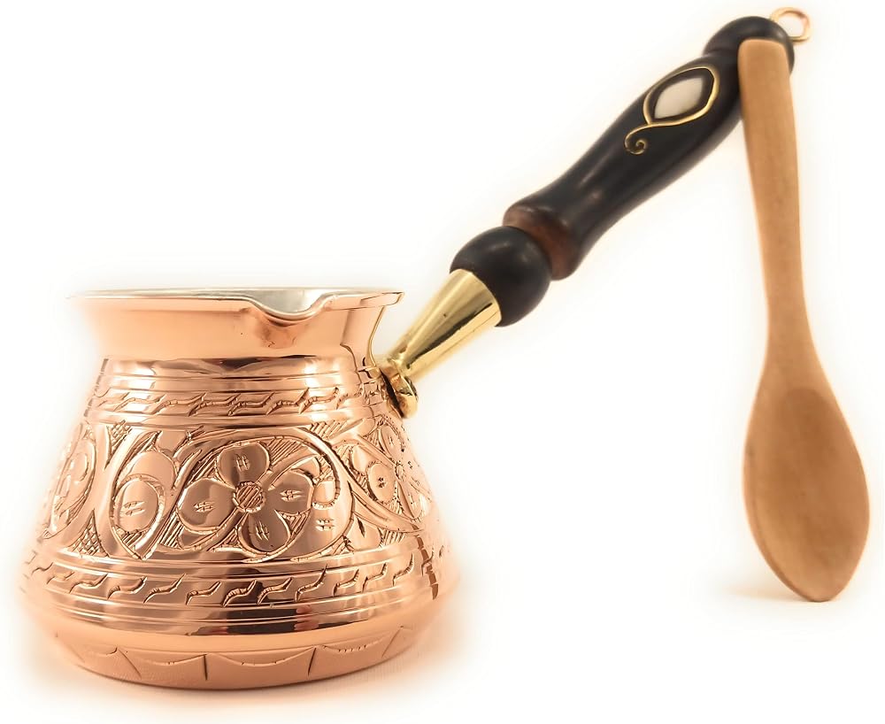 ACI Serisi (Küçük-9 oz) - En Kalın Katı Oyulmuş Bakır Türk Yunan Arapça Kahve Tenceresi, Ocak Üstü Kahve Makinesi, Jazzve, Cezve Ibrik, Briki, Ahşap Saplı Café Turco