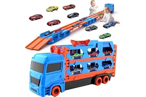 Leksakslastbil med 8 Bilar, Leksaksbil för Barn i åldern 3,4,5,6,7,8+, Garage, Bärbar och Hopfällbar Transportlastbil med 61