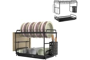 BECELE Dish Drainer, Dish Drying Rack with Draining Board, Dish Drying Drainer with Cutlery Drainer& Cutting Board Holder for Small Kitchen Sink Counter