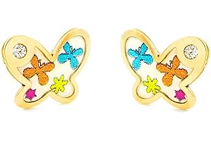 MONDE PETIT Orecchini per bambini farfalla colori - oro giallo 9k (375) - Scatola Regalo - Certificato di garanzia