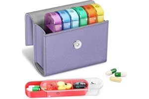 FINPAC Pudełko na tabletki, 7 dni, 4 przegródki – pudełko na tabletki 4 razy dziennie z kieszenią ze sztucznej skóry i kartką z imieniem na lekarstwa, na tabletki, witaminę, olej rybny, poranek,