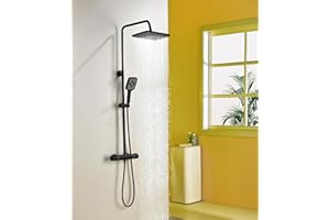 BAOLLANSA Thermostatic Shower Mixer Set,38°C Thermostatic Shower System with Rainfall Shower Head,3-Mode Handheld Shower,Adjustable Height Stainless Steel Shower Set (Black)