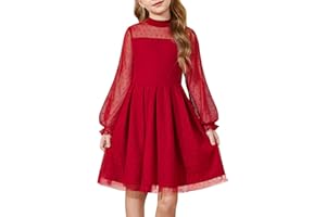 Arshiner Vestido para Niñas Fiesta Malla Manga Larga Vestidos Informal Cuello Redondo Infantil Color Liso Corte A Vestidos Ropa Festivos para Niñas 6-14 Años