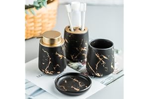 XUDREZ Ceramic Bathroom Accessories Set - 4 Piece Creative Bath Set with Toothbrush Holder, Toothbrush Cup, Soap Dish, Soap Dispenser, Bathroom Counter Accessories Sets （Matte Black)