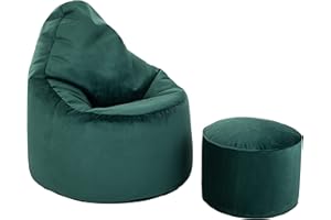 Loft 25 Capriccio Velvet Bean Bag Chair | Indoor Home Living Room Premium BeanBag Seat | Ergonomic Design for Body Support | Durable & Comfortable (Forest, Bean Bag + Footstool)