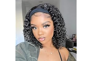 REBASAR Perruque Bandeau Cheveux Humain Deep Wave Perruque Bresilienne Bouclée 12 Pouces(30cm) 150% Densité Perruque Femme Naturelle Brésilien Cheveux Humain Non Lace Curly Headband Wig Noire Naturelle