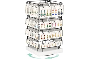 EsLuker.ly Rotating Earring Display Holder Stand for Vendors Events Selling, Large Capacity 64 Hooks Jewelry Rack with Wooden Base for Earring Card Sales, Enhances Retail Visibility (White+Black)