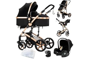 Doraystar Passeggino 3 in 1, Passeggino Trio con Due Modalità di Spinta Reversibile, Trio Passeggino Neonati con Design Pieghevole in Un Clic, Trio Neonato con Grande Nacelle Comoda (588 Black Gold)