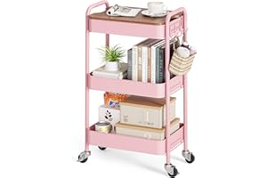 KINGRACK Carrello con Ruote Portatutto Cucina 3 Livelli, Carrellino Salvaspazio con Tavole Rimovibili - Rosa, per Cucina/Soggiorno, Struttura in Metallo, Facile Montaggio, 44x30.5x79 cm